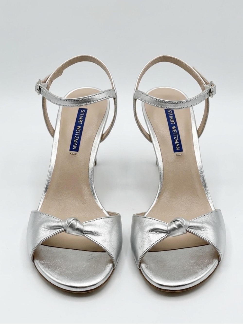 Stuart Weitzman Silver Metallic Knotted Open-Toe Ankle Strappy Sandals Heels 7.5